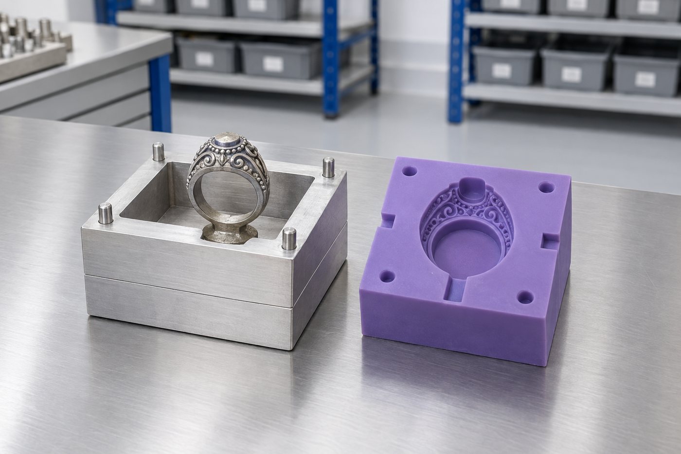Illustrative example: Close-up of an ornate metal ring master pattern being set into a small mould box, with a cured clean purple silicone mould half beside it showing crisp ring detail.
