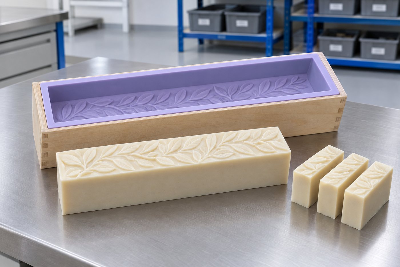 Illustrative example: Finished job: a long silicone soap loaf mould with a relief leaf pattern in its base, sitting in a wooden support box, and a cut loaf of cream cold-process soap showing the relief.