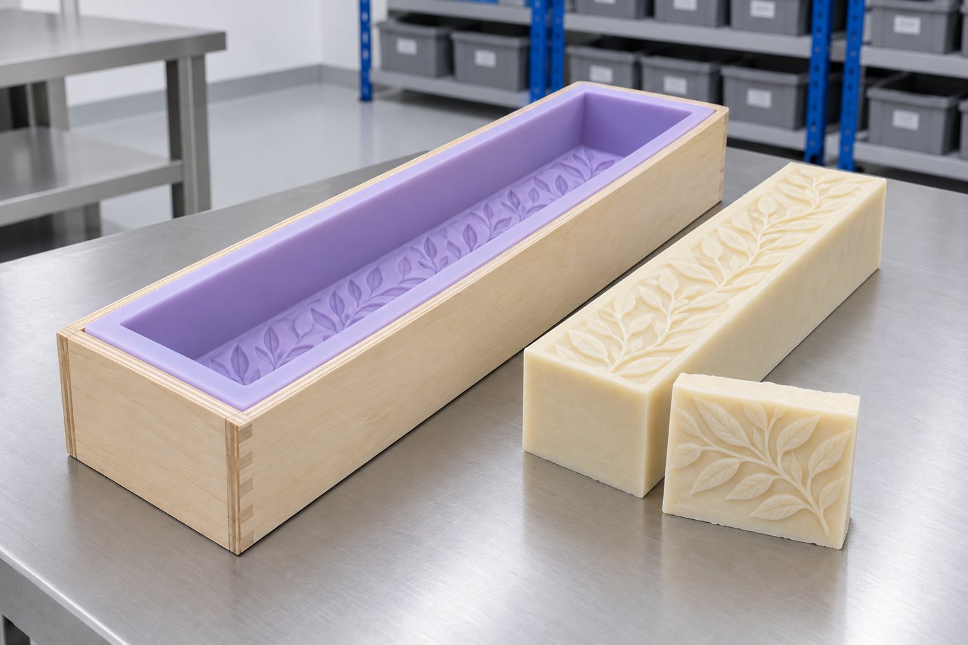 Illustrative example: Close-up of a long silicone soap loaf mould with a relief leaf pattern in its base, sitting in a wooden support box, and a cut loaf of cream cold-process soap showing the relief.