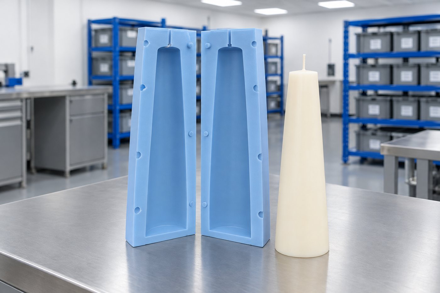 Illustrative example: Finished job: a tall cast silicone pillar candle mould with a gently tapered wall, peeled open on a bench beside a finished cream tapered pillar candle.