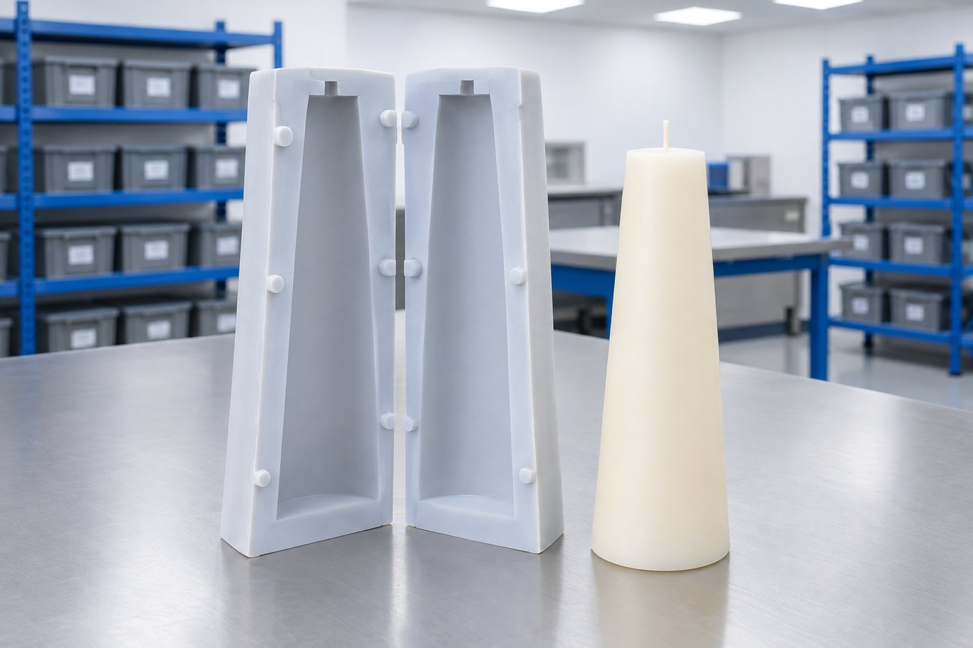 Illustrative example: Close-up of a tall cast silicone pillar candle mould with a gently tapered wall, peeled open on a bench beside a finished cream tapered pillar candle.