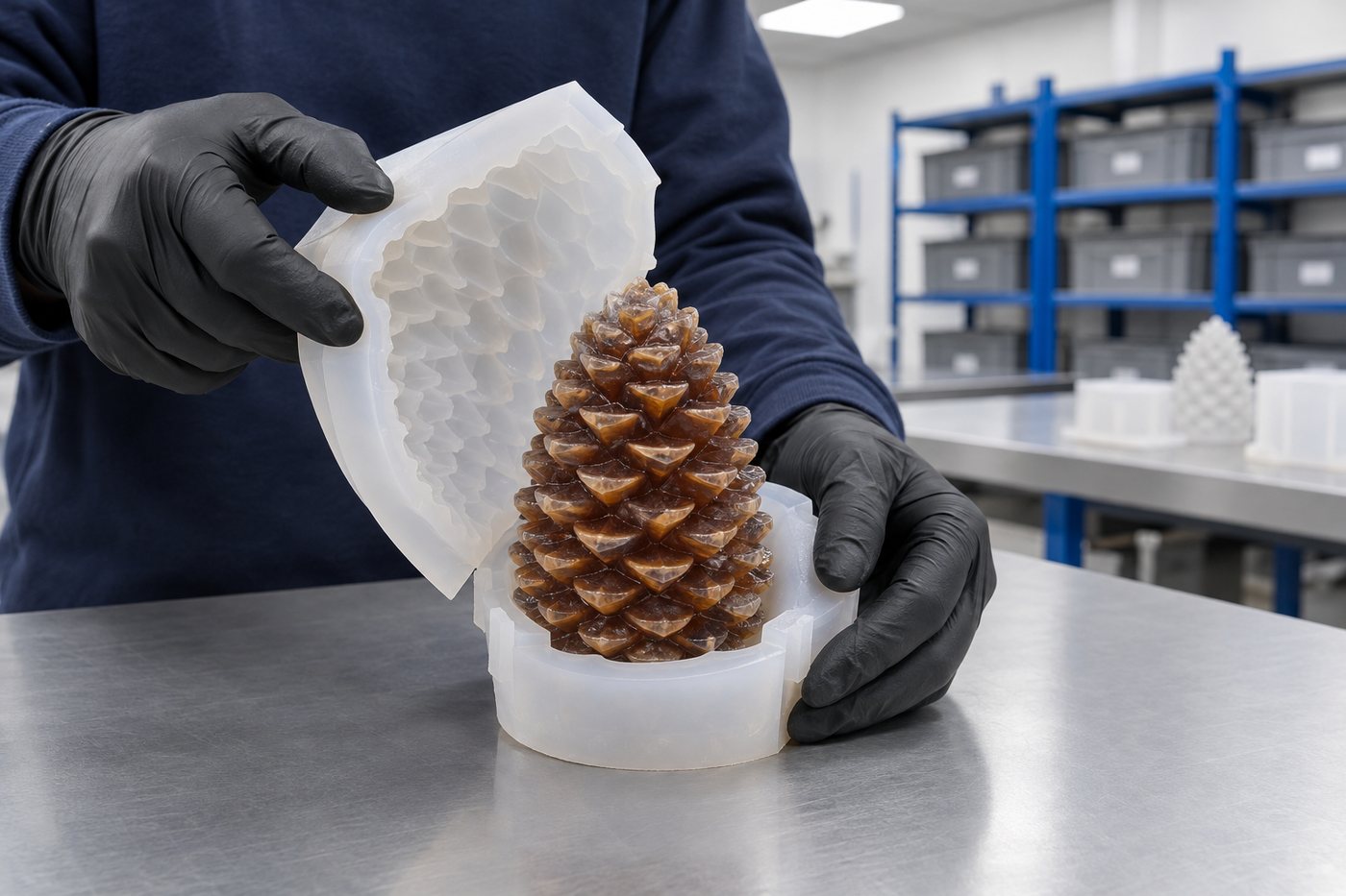 Illustrative example: Close-up of a flexible translucent silicone mould being peeled away from a resin pine cone with many overlapping scales, showing how the soft silicone releases from the undercuts.