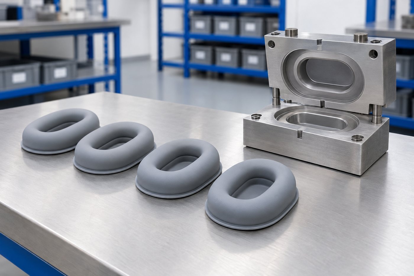 Illustrative example: Close-up of soft grey silicone ear cushion pads with a thin sealing lip, laid in a row beside a small steel compression mould tool.