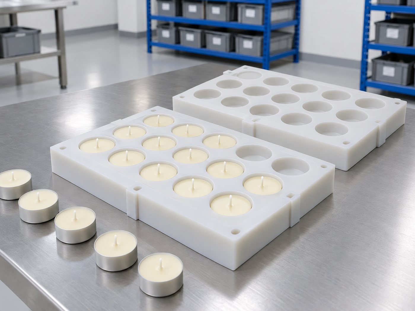 Illustrative example: Finished job: a white multi-cavity silicone tealight mould with twenty round shallow cavities in neat rows, some filled with set cream wax tealights with wicks.
