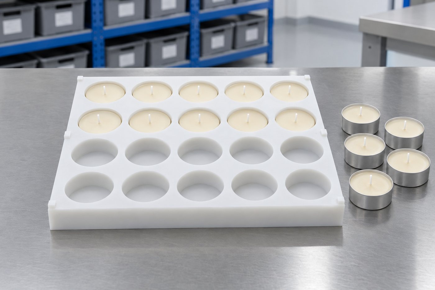 Illustrative example: Close-up of a white multi-cavity silicone tealight mould with twenty round shallow cavities in neat rows, some filled with set cream wax tealights with wicks.