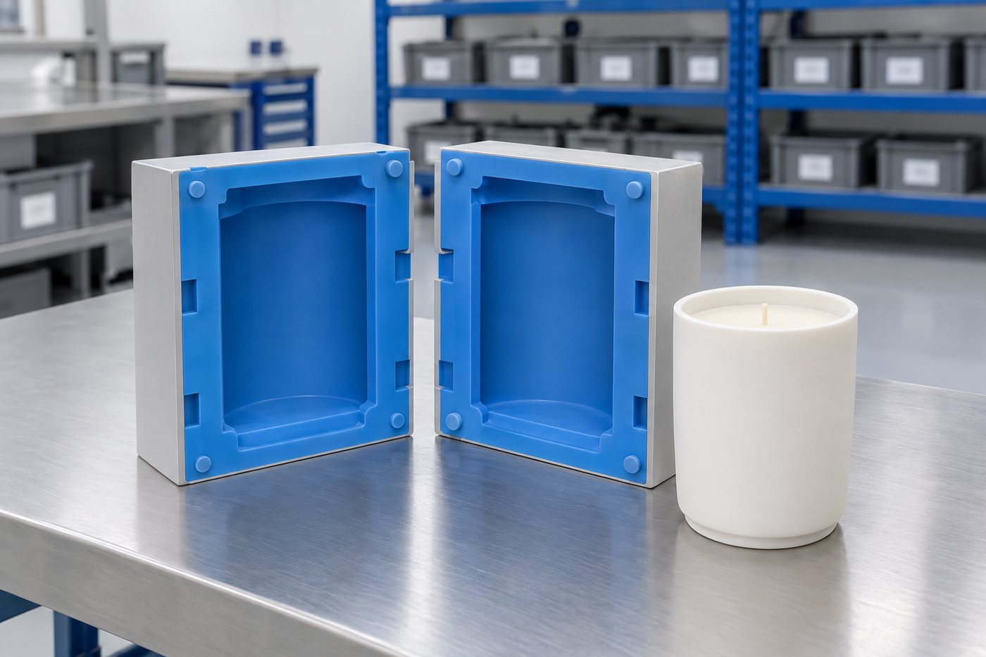 Illustrative example: Finished job: a two-part blue silicone mould in a rigid case for a container candle vessel, opened to show the vessel cavity, with a finished white vessel beside it.