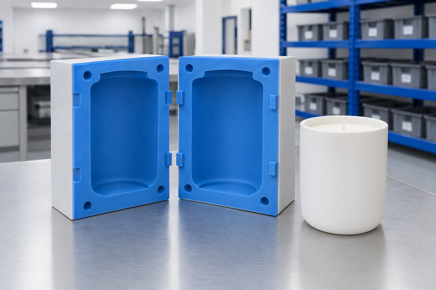 Illustrative example: Close-up of a two-part blue silicone mould in a rigid case for a container candle vessel, opened to show the vessel cavity, with a finished white vessel beside it.