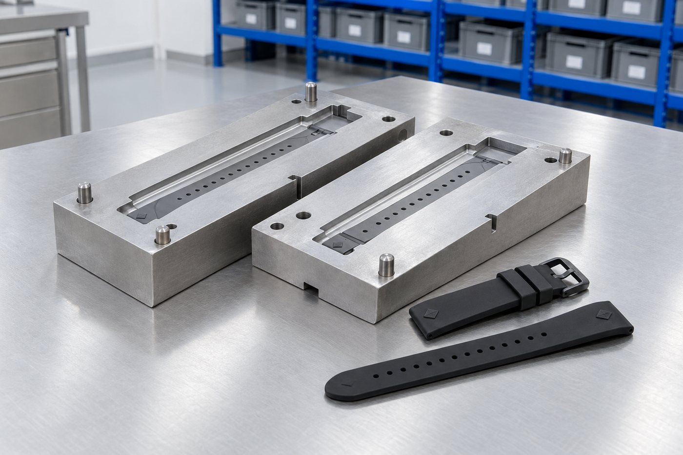 Illustrative example: Close-up of black silicone watch straps with a small plain raised geometric emblem, laid beside a steel two-part strap mould tool.