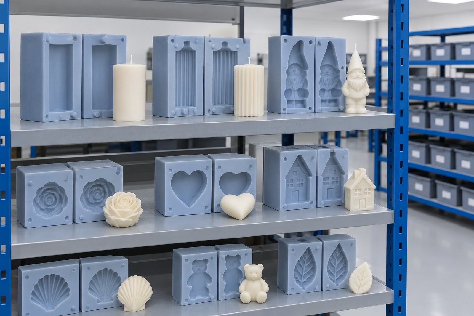 Illustrative example: Finished moulds racked and labelled on workshop shelving, stored ready for reuse