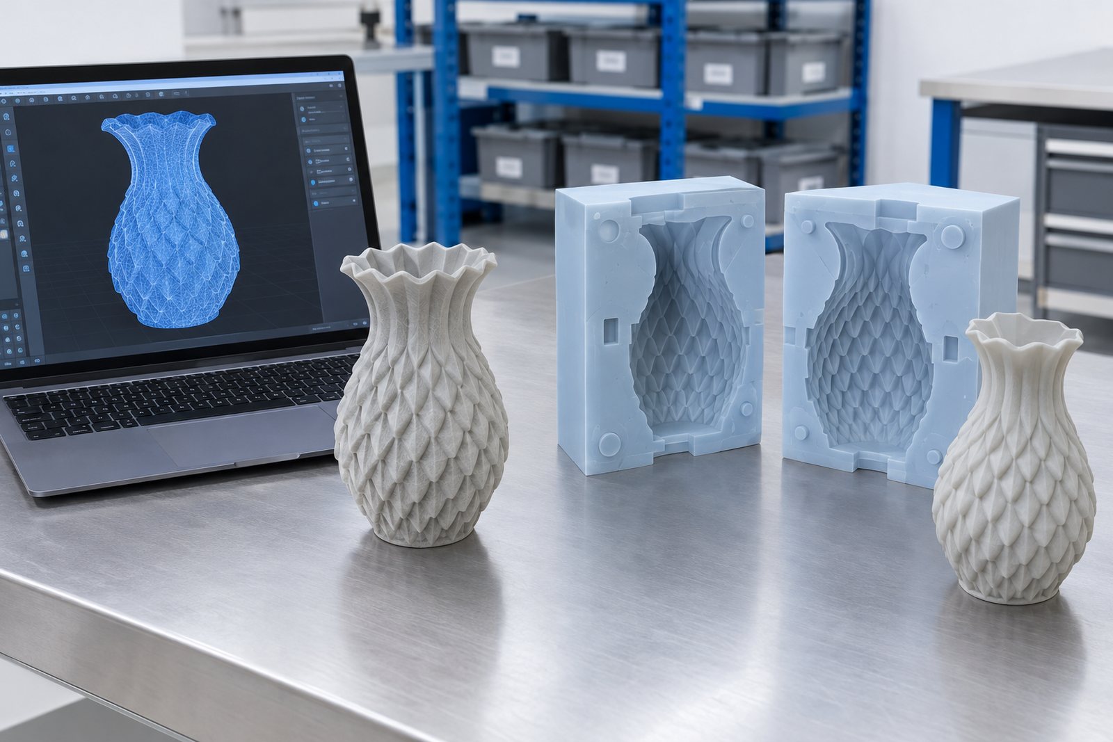 Illustrative example: A scanned mesh open on screen next to the physical part it was taken from, with the model being rebuilt from it
