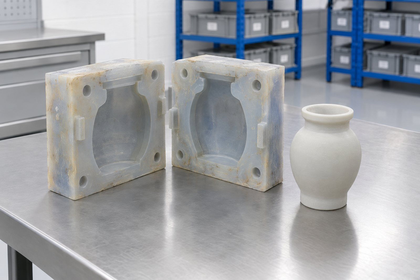 Illustrative example: A worn silicone mould laid out beside a part cast from it, being assessed for replacement