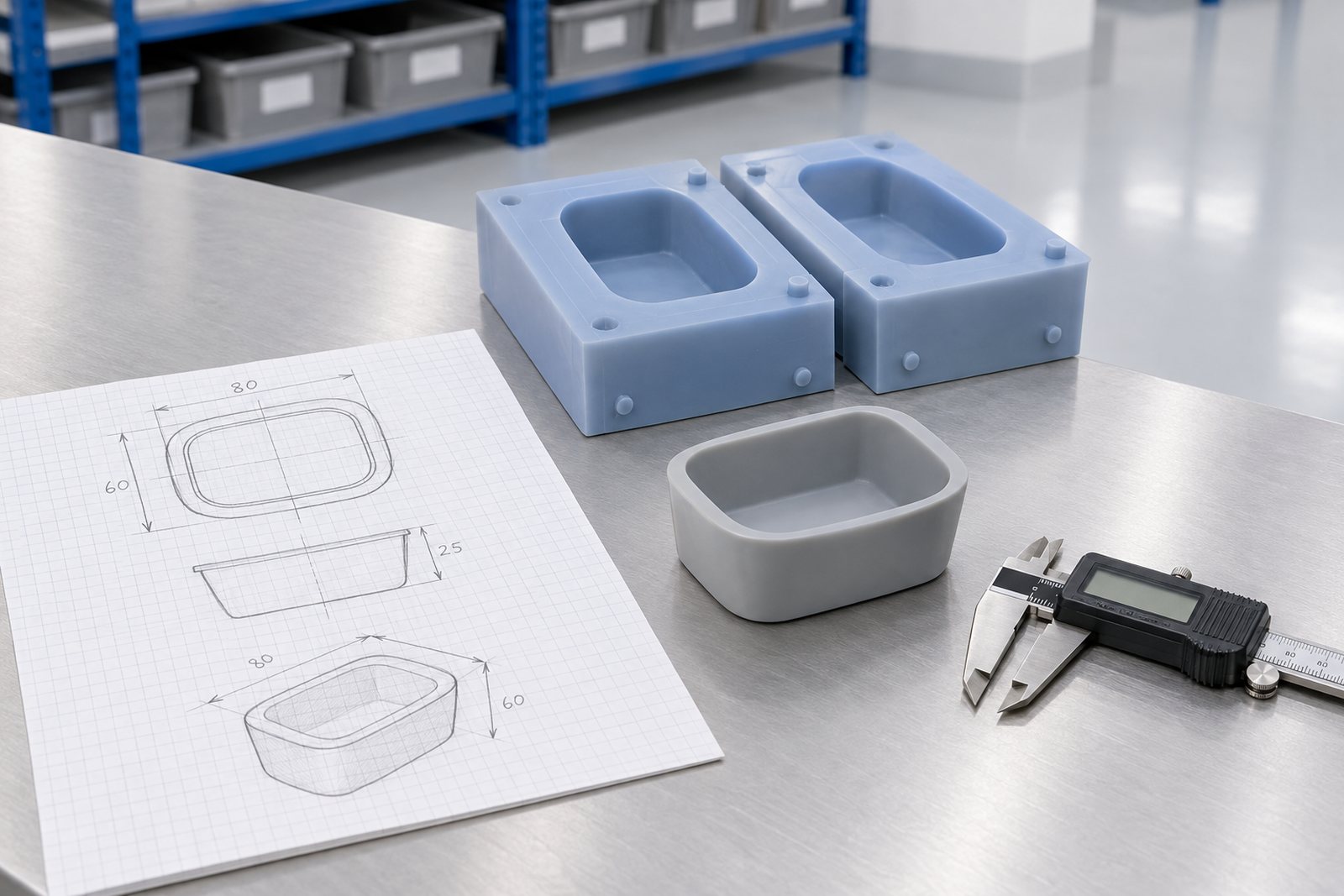 Illustrative example: A hand sketch of a moulded part on squared paper with dimensions marked, alongside calipers and a sample