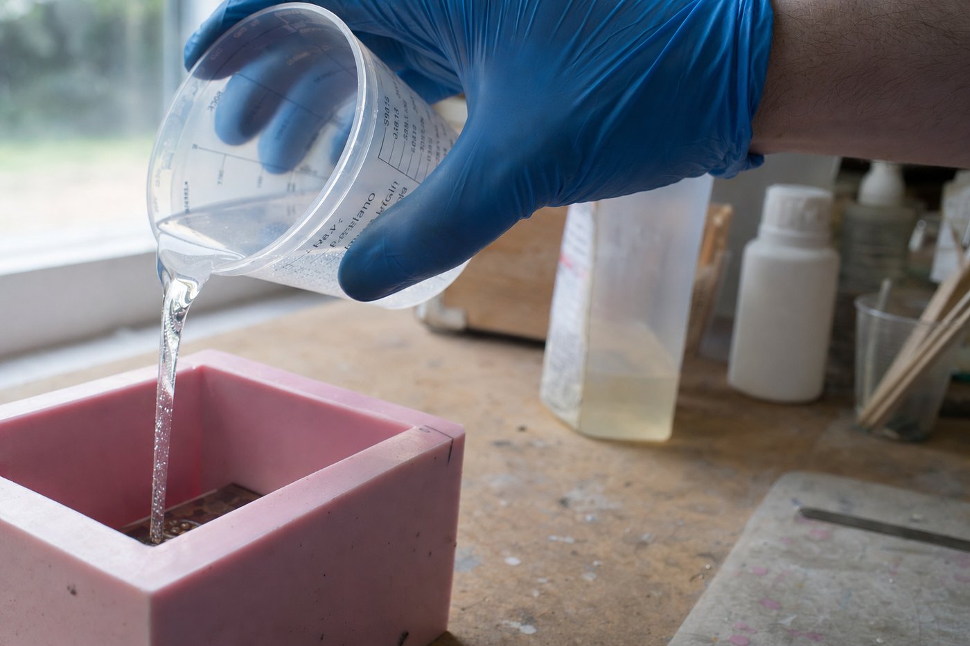 Close-up of gloved hand pouring resin into a pink silicone mould