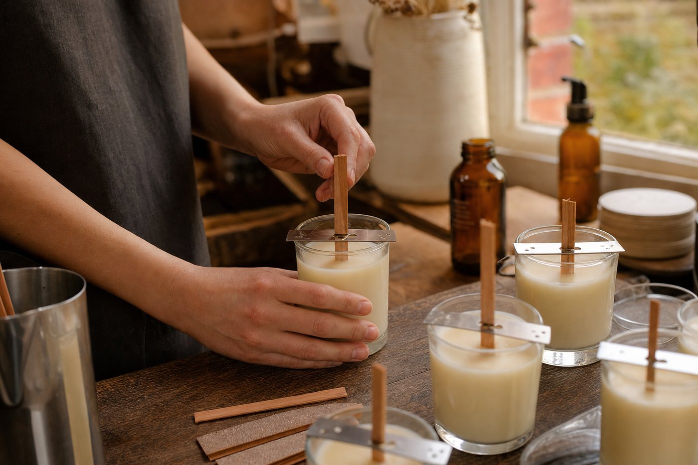 Hands making handmade candles using soy wax