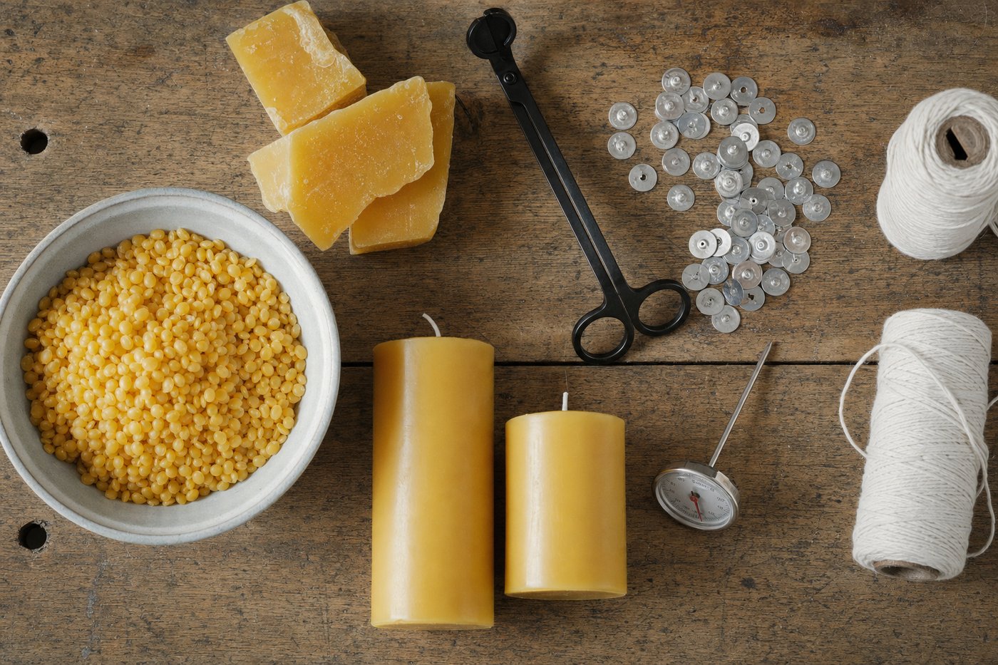 Beeswax candle-making tools laid out