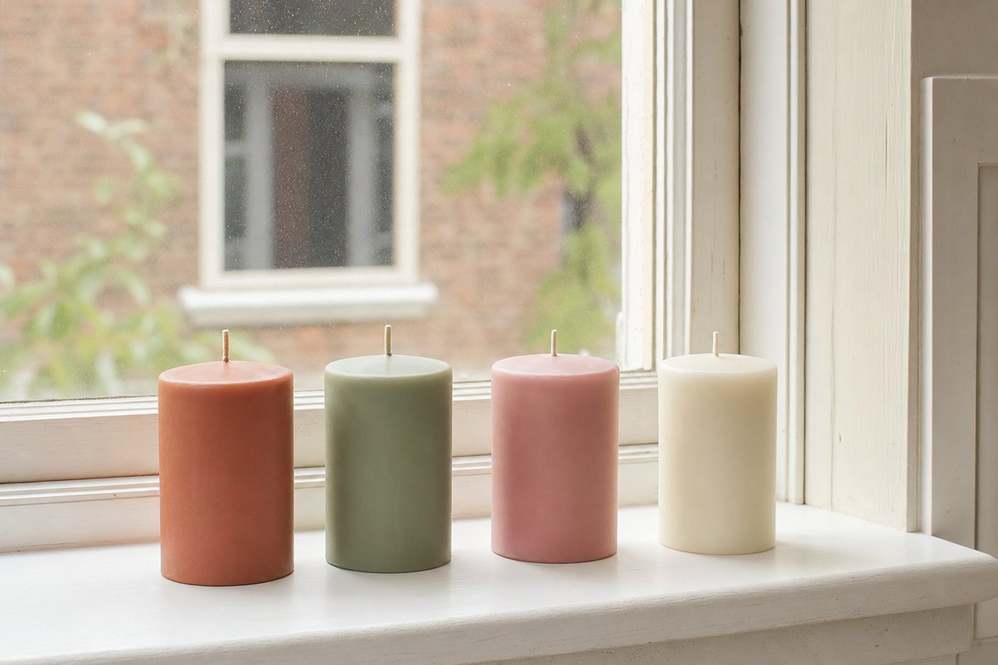 Coloured candles arranged on a windowsill