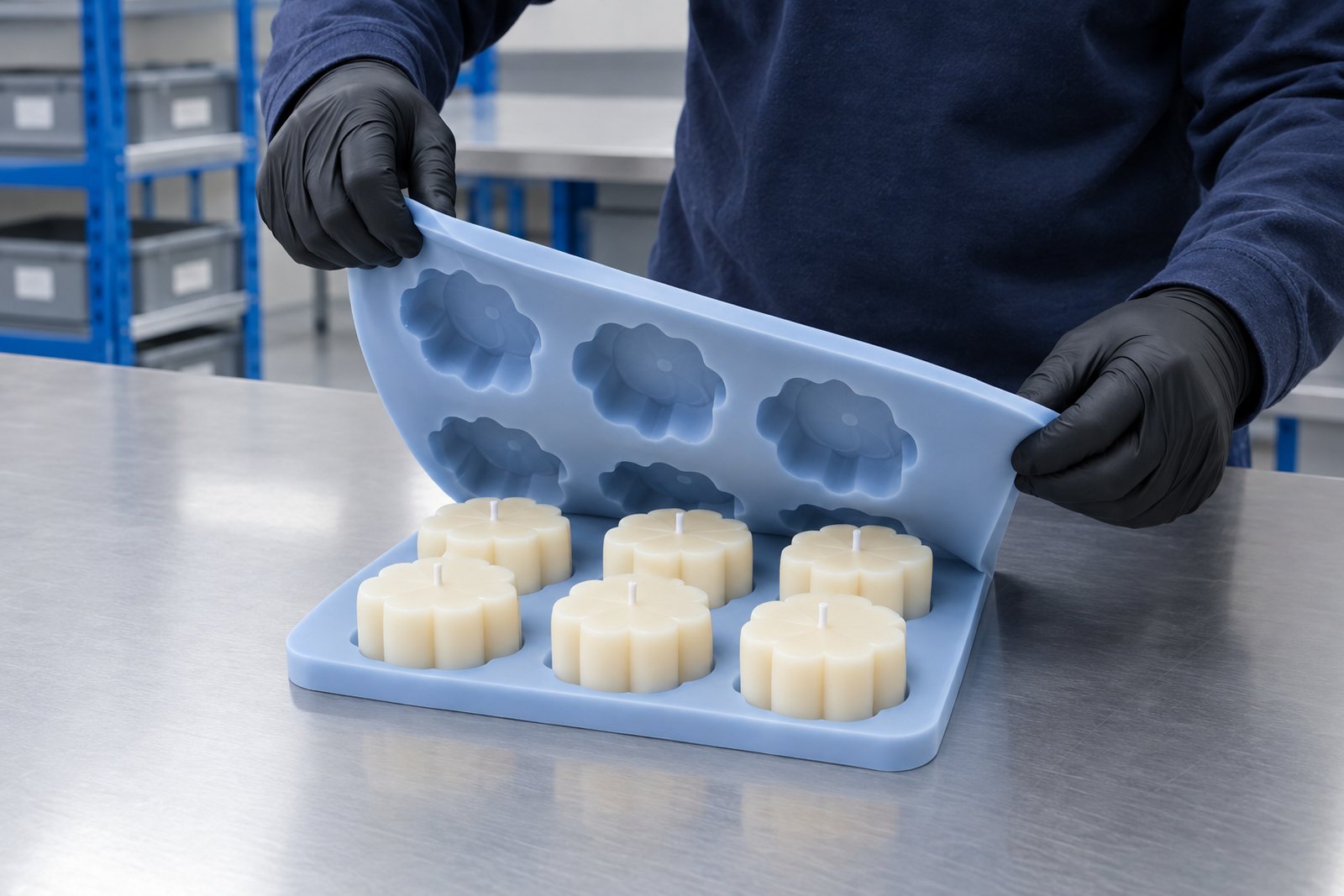 Illustrative example: A moulded silicone tray being flexed back off a set formed product to show release without tearing