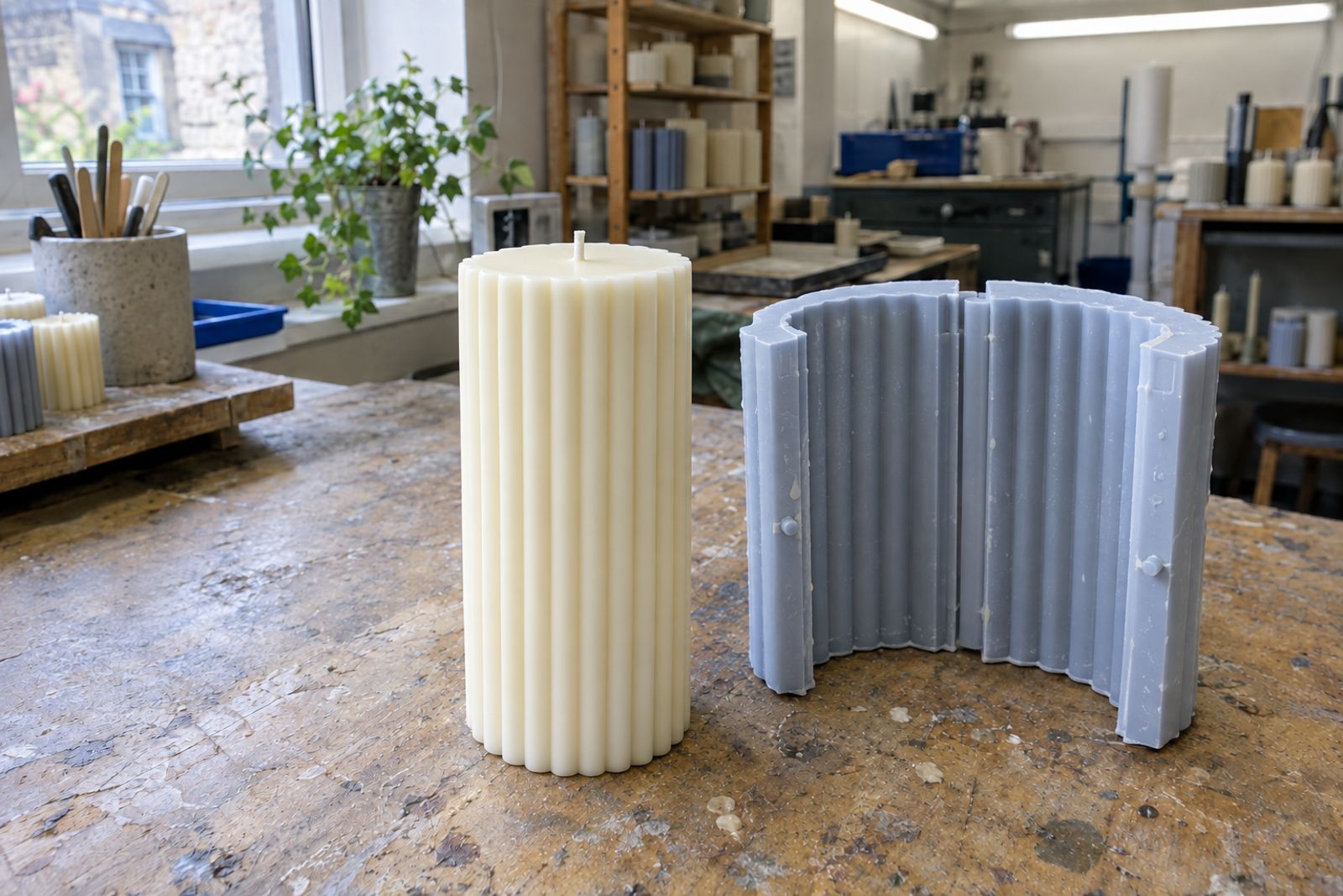 The finished ribbed pillar candle next to the opened mould