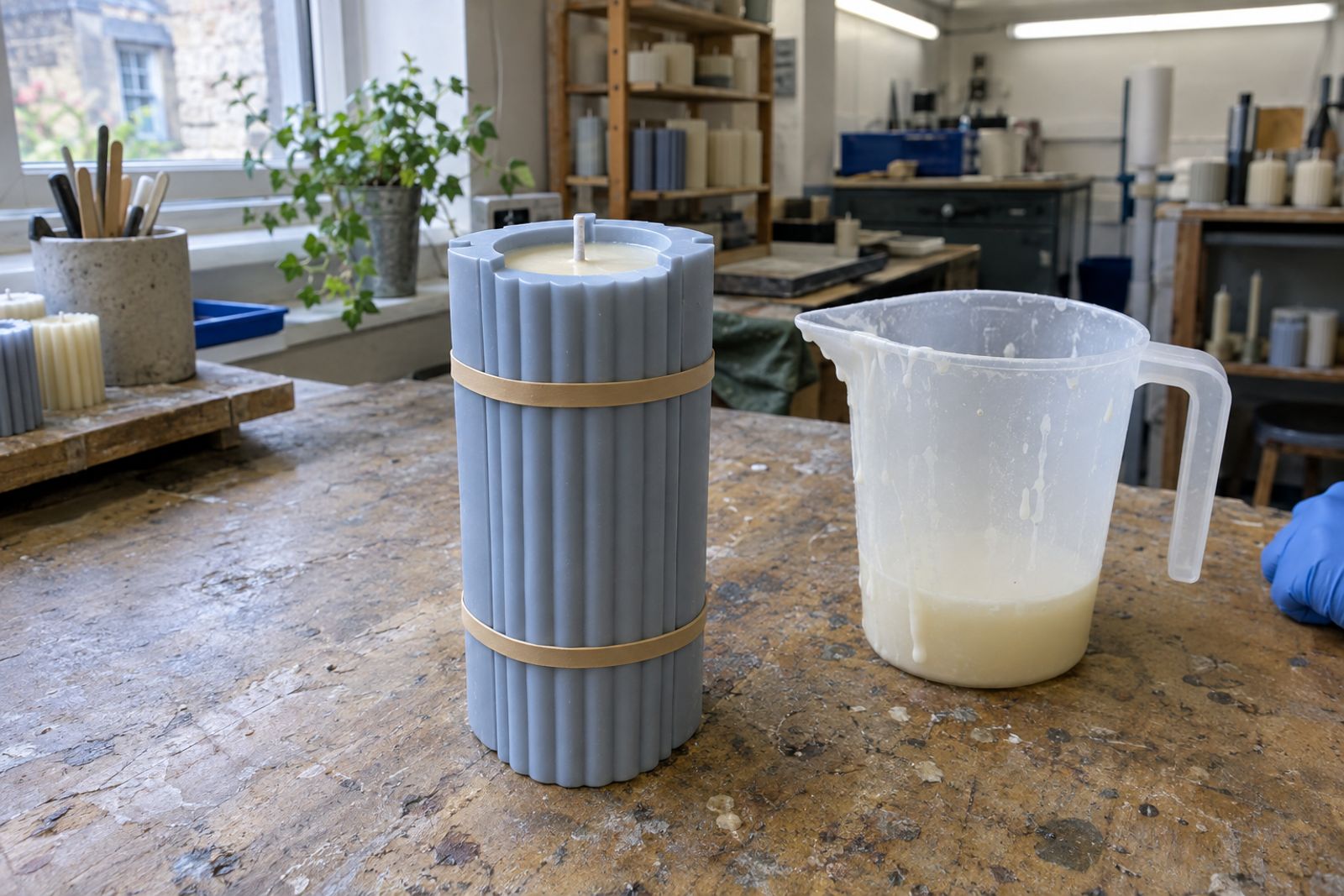 A closed two-part silicone candle mould filled with setting wax
