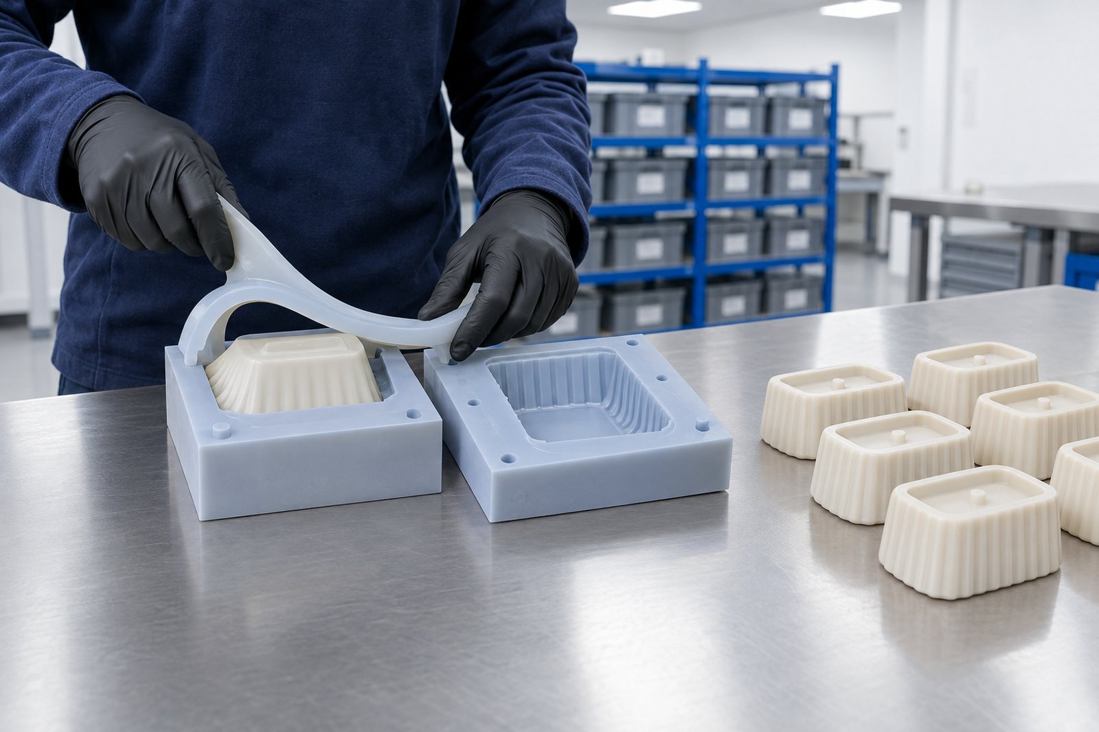 Illustrative example: A soft bridge tool in use on the bench with a small batch of moulded parts accumulating beside it